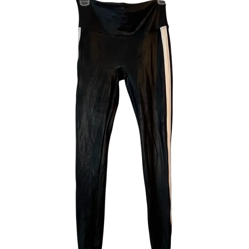 SPANX Black Faux Leather Leggings White Stripe Accent Edgy Athleisure Sporty - Picture 4 of 11